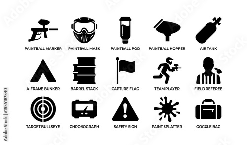 Paintball gear icons including marker, mask, and barrel stack