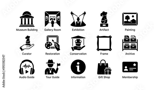 Museum icon set featuring gallery, artifacts, and visitor amenities
