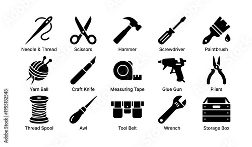 Essential craft and diy tools icons set for creative projects