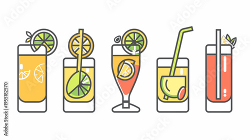 Row of stylized cocktails, diverse fruit garnish, bright colors, dark outline, crisp white backdrop