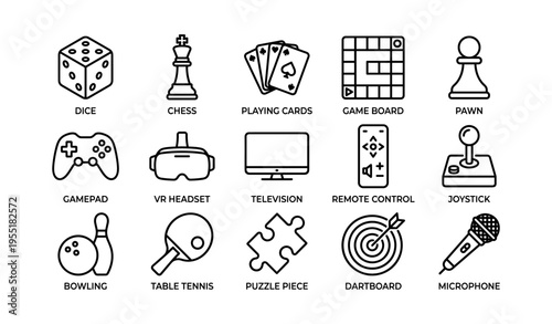 Gaming and leisure icons including dice, chess, vr headset, gamepad, microphone