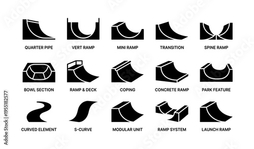 Skate park ramp and structure icons: quarter pipe, vert ramp, mini ramp, spine ramp