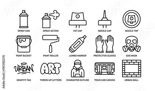 Urban art tools: spray can, fat cap, paint roller, gas mask, train car canvas