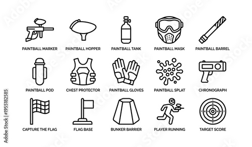 Paintball equipment icons set including marker hopper mask gloves target and more