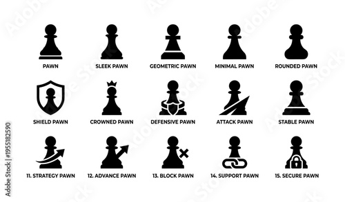 Variety of chess pawn icons: crowned, defensive, minimalist, shield and more