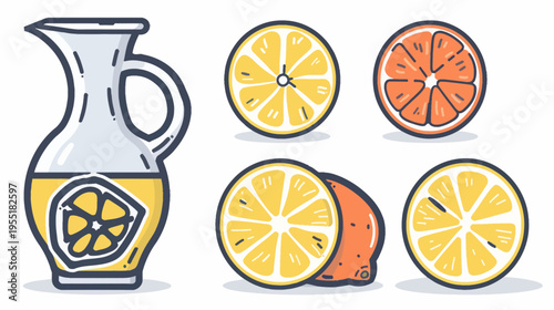 Cartoon illustration of a jar of juice with oranges and lemon slices on a white background