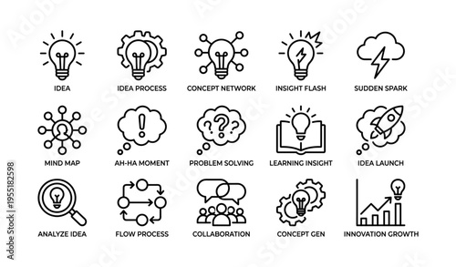 Innovation and problem solving icon set with light bulbs and gears
