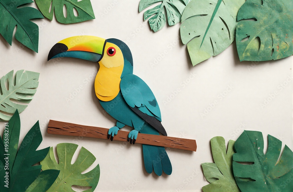 Obraz premium Vibrant toucan perches on branch surrounded by lush green tropical