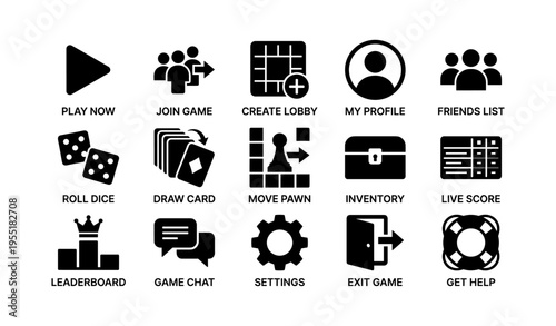 Game interface icons for play, join, create, profile, friends, roll, draw, move, inventory, score, leaderboard, chat, settings, exit, help