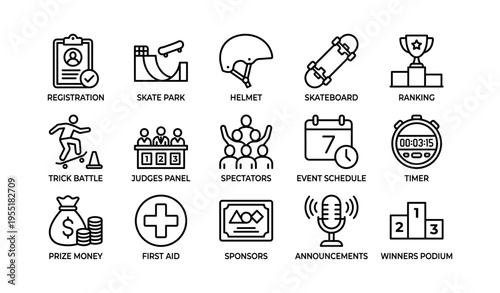 Skateboarding competition icons: helmet, skateboard, ranking, prize money, timer