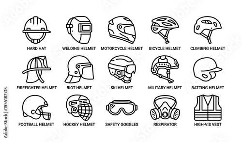 Variety of protective headgear and safety equipment line icons