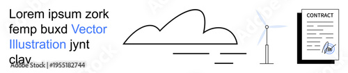 Cloud computing, renewable energy, sustainable technology, digital agreements, green business, innovative solutions. Minimalist drawings of a cloud, wind turbine and contract. Cloud computing