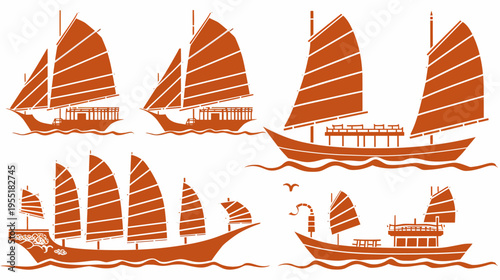 Illustration of multiple traditional Chinese sailing ships, junks, on stylized waves
