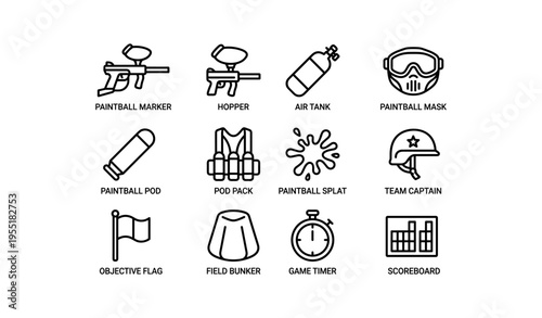 Paintball gear icons: marker, hopper, air tank, mask, pod, pack, splat, flag, timer, scoreboard