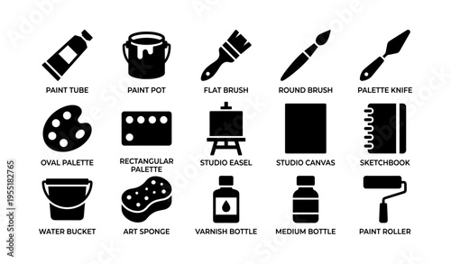 Art tools icons: brushes, palettes, easel, canvas