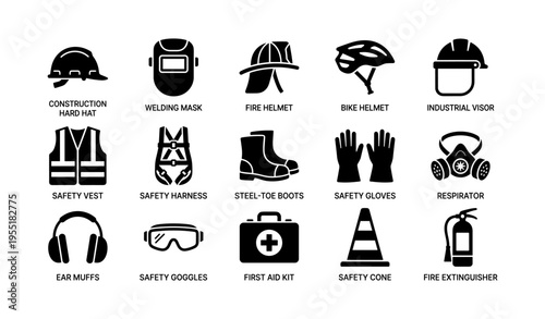 Safety equipment icons: hard hat, welding mask, fire helmet, bike helmet, safety gear collection