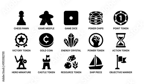 Board game icons collection featuring chess pawn, game meeple, and various tokens