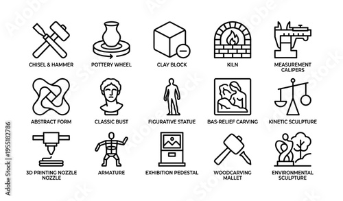 Art tools and techniques: sculpture icons for pottery, carving, and environmental art