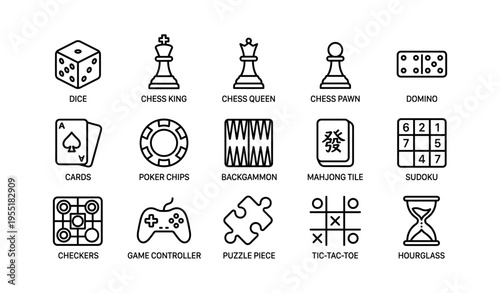 Icon set featuring dice chess domino mahjong and more game elements
