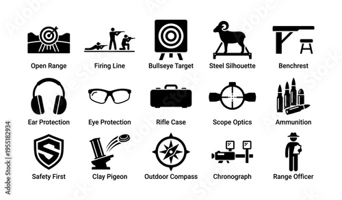 Shooting range icons: targets, safety, equipment, ammunition, outdoor activities