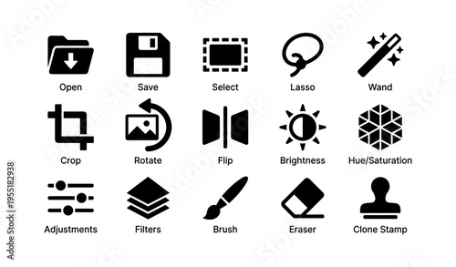 Digital editing icons: basic tools and functions for image modification