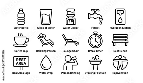 Icons of hydration and relaxation: water, rest, and refreshment essentials