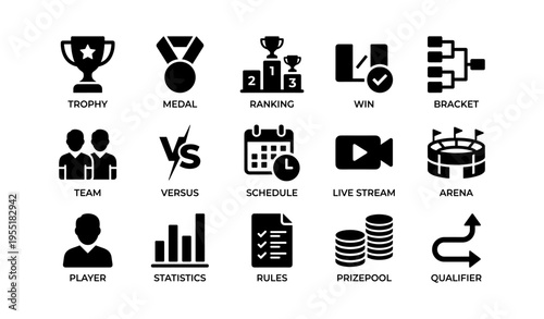 Sports icons set: trophy medal ranking win bracket team versus