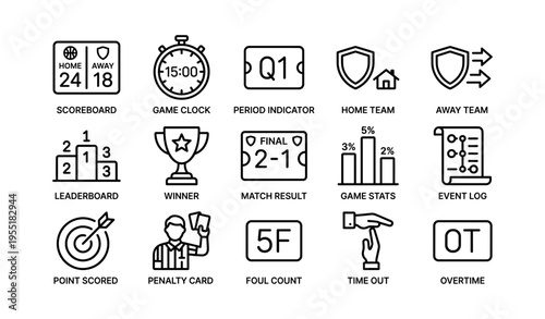 Sports game icon set featuring scoreboard clock trophy and referee elements