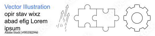 Business solutions, teamwork, strategy, growth, development, processes. Arrows, puzzle pieces and gear outline connections and progress. Business solutions and teamwork concept