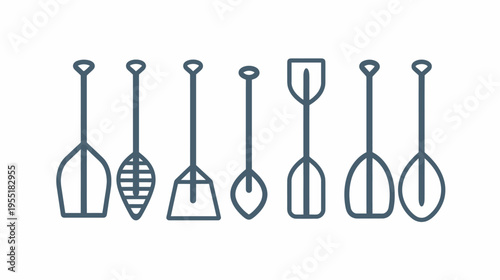 Line art of shovels with various shapes and sizes in a row against a white backdrop