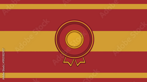 A flag design featuring horizontal stripes of red and gold with a central medallion