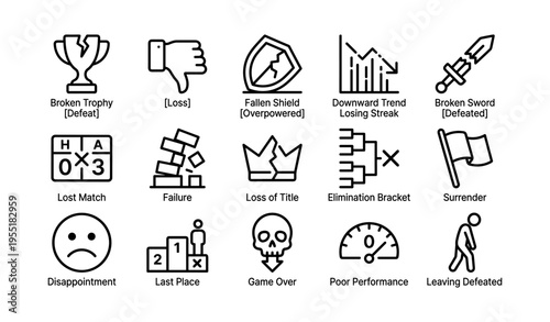 Icons of failure and defeat: trophy, loss, shield, downward trend, broken sword, blocks, crown, flag