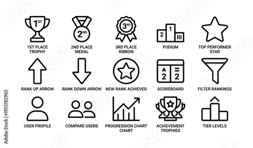 Achievement icons set featuring trophies, medals, and charts for ranking success
