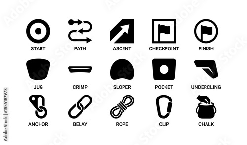 Rock climbing symbols: start, path, ascent, checkpoint, finish, and equipment icons