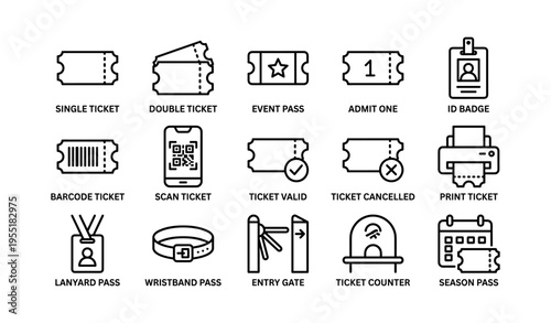 Various ticket icons including event, admit one, barcode, and id badge