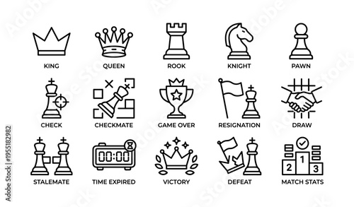 Chess icons set featuring king queen rook knight pawn and checkmate symbols