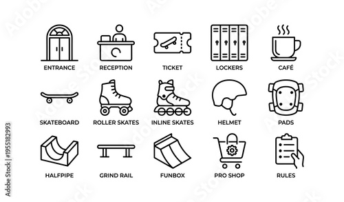 Icon set featuring entrance, reception, locker, skateboard, roller skates, helmet, café, and gear