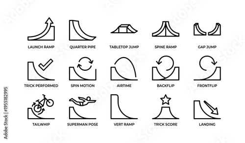 Icon set illustrating skateboard and bmx stunt ramps and tricks