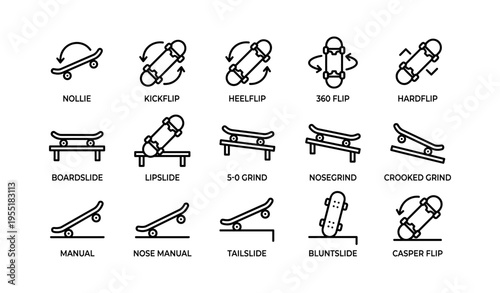 Skateboarding tricks icons: nollie, kickflip, boardslide, nosegrind, manual techniques