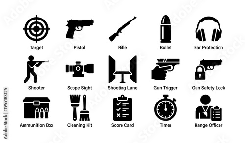 Shooting range icons set: target, pistol, rifle, bullet, ear protection