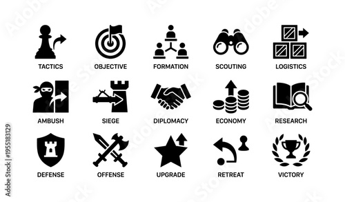 Strategy and warfare icons set: tactics, siege, diplomacy, economy, victory