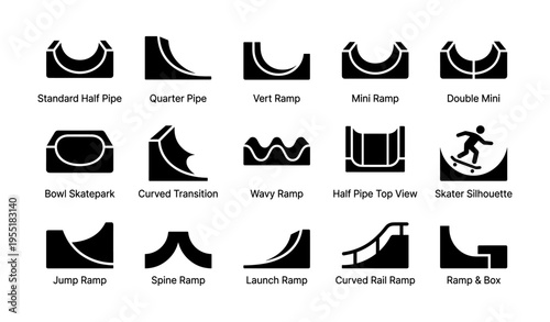 Skatepark ramps and features icons: half pipe, quarter pipe, launch ramp