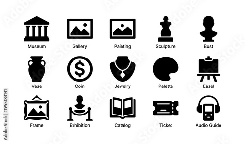 Art and museum icons collection: sculpture, painting, jewelry, gallery, exhibition