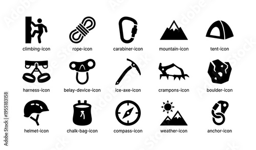 Outdoor adventure icon set featuring climbing, hiking, and camping equipment