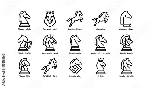 Stylized chess knights collection with various designs and poses