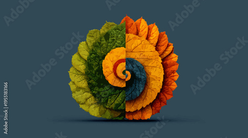 A stylized image of a spiral form composed of colorful leaves, set against a dark background