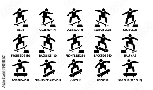 Skateboard tricks icons: ollie, 180, 360, shove-it, kickflip, heelflip