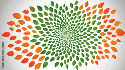 Abstract spiral design composed of leaves, transitioning from orange to green on a white background