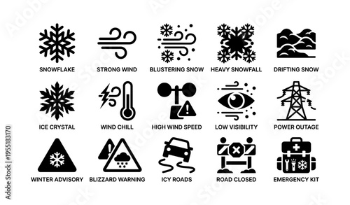 Winter weather icons: snowflakes, wind, power outage, road safety, warnings