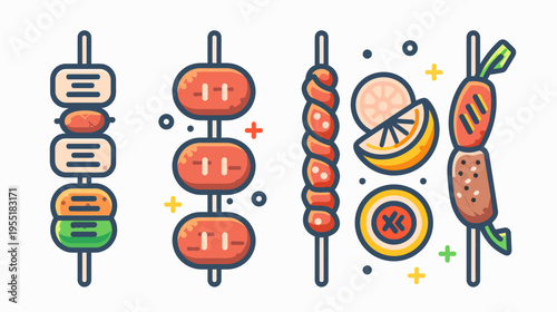 Stylized vector illustration of four skewers with food and citrus fruit sections